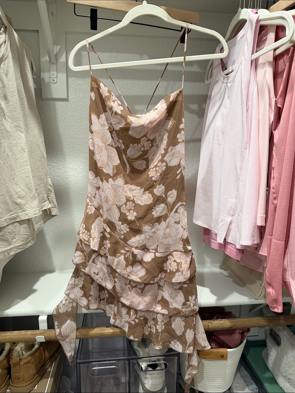 Floral Tiered Slip Dress — Brown & Cream